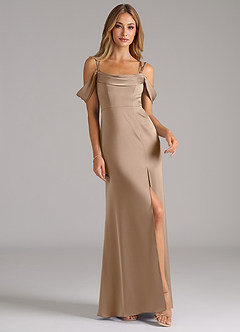 Azazie Callan Bridesmaid Dresses Taupe A-Line Pleated Stretch Satin Convertible Dress image4