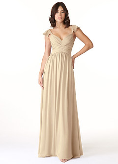 Azazie Lissa Robes de demoiselle d'honneur Robe Trapèze en Mousseline de soie Dentelle Champagne image1