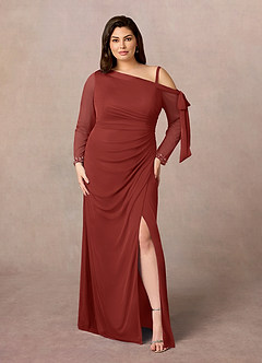 Azazie Marna Mother of the Bride Dresses Terracotta Sheath One Shoulder Mesh Dress image6