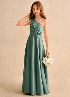 Azazie Puddles Girls Formal vestidos de niña de las flores Vestido de Eucalipto de Satin Mate de Corte en A con Hombro unilateral image6