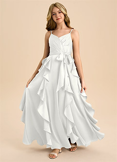 Azazie Peyton Junior White A-Line Pleated Stretch Satin Dress image5