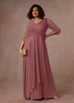 Azazie Annetta Mère de la mariée Robes Robe Trapèze en Maille Col en V à manches longues Rose Du Désert image1