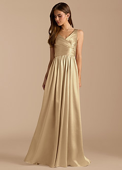 Azazie Keyla Bridesmaid Dresses Champagne A-Line Pleated Metallic Satin Dress image3