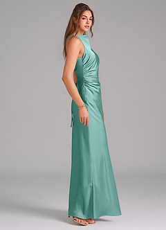 Azazie Evadne Bridesmaid Dresses Aqua A-Line Pleated Stretch Satin Dress image4
