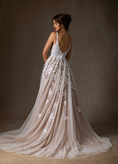 Azazie Sorella Wedding Dresses Diamond White Caramel A-Line V-Neck Sequins Tulle Dress image2