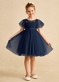 Azazie Queenie Robe Demoiselle D'honneur Fillette Robe Trapèze en Dentelle Bleu Marine Foncé image1