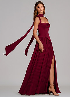 Azazie Stephanie Bridesmaid Dresses Burgundy A-Line Pleated Stretch Satin Dress image3