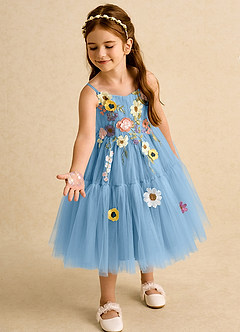 Azazie Osea Flower Girl Dresses Steel Blue Ball-Gown Pleated Tulle Dress image1