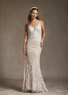 Azazie Sade Wedding Dresses Diamond White Nude Mermaid Sequins Tulle Dress image3