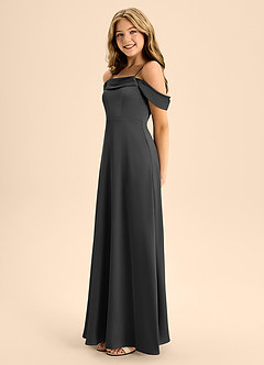 Azazie Anselie Junior A-Linie Schulterfrei Stretch-Satin Kleid Schwarz image6