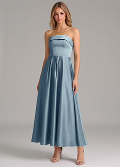 Azazie Lucienne 신부 들러리 드레스 A라인 주름진 스트레치 새틴 발목 길이 드레스 image1