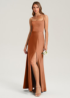 Azazie Lidia Bridesmaid Dresses Copper Mermaid Side Slit Stretch Satin Dress image3