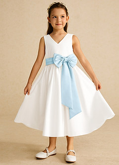 Azazie Darling Flower Girl Dresses Ivory Sky Blue A-Line Bow Cotton Dress image2