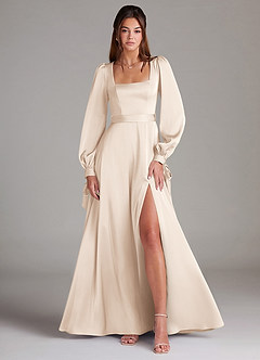 Azazie Leonia Bridesmaid Dresses White Alabaster A-Line Long Sleeve Stretch Satin Dress image1