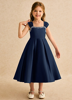 Azazie Yosemite Flower Girl Dresses Dark Navy Ball-Gown Sweetheart Neckline Matte Satin Dress image1