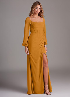 Azazie Charissa Bridesmaid Dresses Butterscotch Sheath Long Sleeve Chiffon Dress image5