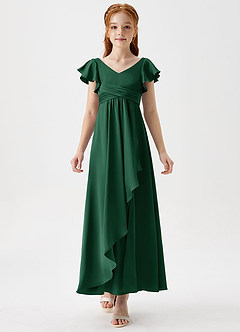 Azazie Omari Junior Dark Green A-Line Pleated Stretch Satin Dress image5