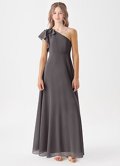 Azazie Arabella Junior Steel Grey A-Line Ruched Chiffon Dress image3