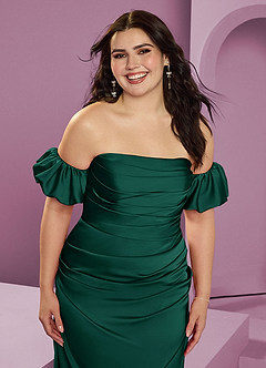 Barbie ♥ Azazie Bridesmaid Dresses Emerald Sheath Off the Shoulder Stretch Satin Convertible Dress image15