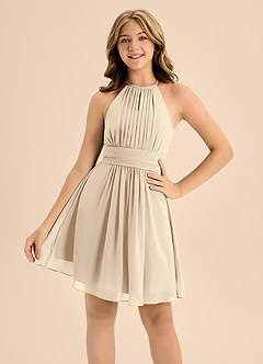 Azazie Bonnie Junior Champagne A-Line Pleated Chiffon Dress image5