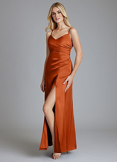 Azazie Azuree Vestidos de damas de honor Vestido de Naranja Quemada de Satén Elástico de Corte en A con Plisado image4