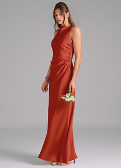 Azazie Evadne Bridesmaid Dresses Rust A-Line Pleated Stretch Satin Dress image1