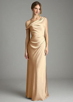 Azazie Emerson Vestidos de damas de honor Vestido Champán de Satén Elástico de Corte Sirena con Hombros descubiertos image4