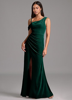 Azazie Madelyn Bridesmaid Dresses Emerald Sheath One Shoulder Velvet Dress image4