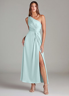Azazie Brooke Bridesmaid Dresses Sea Glass A-Line One Shoulder Stretch Satin Dress image1