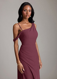Azazie Madelyn Vestidos de damas de honor Vestido de Cabernet de Gasa de Corte Sirena Convertible con Hombro unilateral image3
