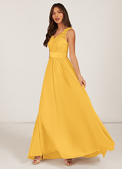 Azazie Gertrude Bridesmaid Dresses Marigold A-Line Lace Chiffon Dress image3