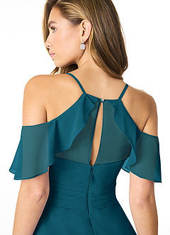 Azazie Dakota Robes de demoiselle d'honneur Robe Trapèze en Mousseline de soie Col V plissé Bleu Encre image4