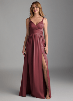 Azazie Chanel Bridesmaid Dresses Merlot A-Line Pleated Stretch Satin Dress image5