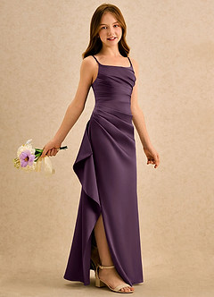 Azazie Cannoli Girls Formal vestidos de niña de las flores Vestido de Ciruela de Satén Elástico de Corte en A con Plisado image1