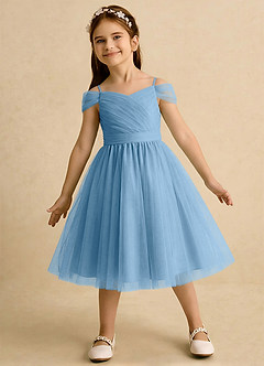 Azazie Lila Girls Formal Robe Demoiselle D'honneur Fillette Robe Trapèze en Tulle Épaule décolletée Acier Bleuté image3