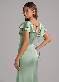 Azazie Elkie At-home Try On Dresses Emerald Mermaid Square Neckline Stretch Satin Dress image7