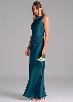Azazie Evadne Brautjungfernkleider A-Linie Plissee Stretch-Satin Kleid Tintenblau image1