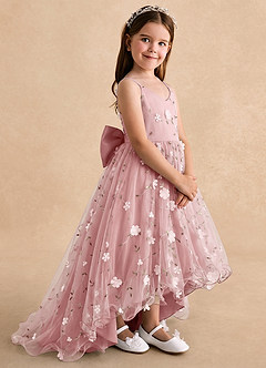 Azazie Celia Blumenmädchenkleider A-Linie Spaghetti Riemen Tüll Kleid Altrosa image3