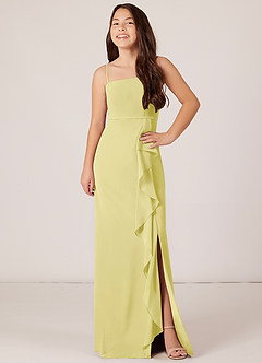 Azazie Kaylee Junior Lemon Sorbet A-Line with Belt Chiffon Dress image4