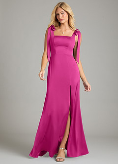 Azazie Frostine Bridesmaid Dresses Fuchsia A-Line Bow Stretch Satin Dress image4