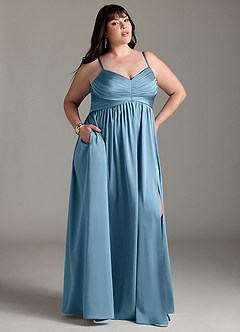 Azazie Alia Vestidos de damas de honor Vestido de Azul Acero de Satén Elástico de Corte en A con Plisado image11