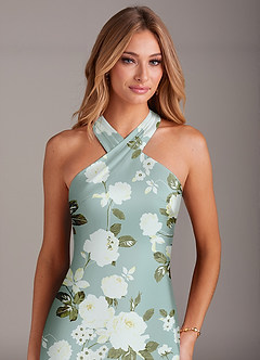 Azazie Doretta Bridesmaid Dresses Misty Floral Garden Mermaid Pleated Stretch Satin Dress image6