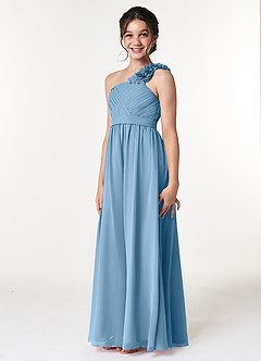 Azazie Flower Junior Abito A-Line in Chiffon Plissettato Blu Acciaio image4