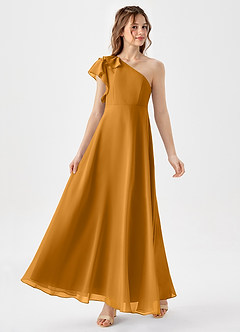 Azazie Arabella Junior A-Linie Gestreift Chiffon Kleid Butterscotch image4