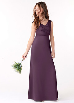 Azazie Sadia Junior Plum A-Line Pleated Stretch Satin Dress image1