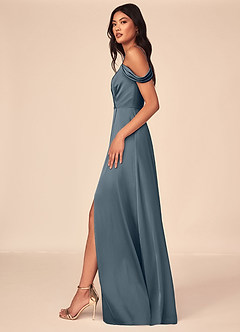 Azazie Ocean Bridesmaid Dresses Twilight A-Line V-Neck Pleated Stretch Satin Dress image3