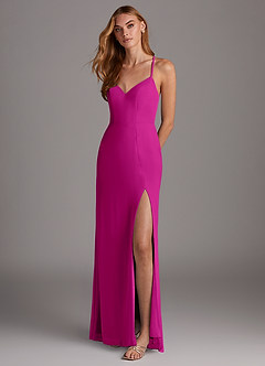 Azazie Manila Robes de demoiselle d'honneur Robe Fourreau en Mousseline de soie Col en V Fuchsia image3