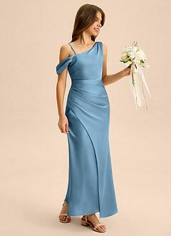 Azazie Madelyn Junior Osłona Zza ramienia Satyna elastyczna Długość podłogi Młodsza druhna Sukienka image6