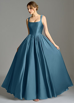 Azazie Verina 신부 들러리 드레스 A라인 주름진 스트레치 새틴 바닥 길이 드레스 image4