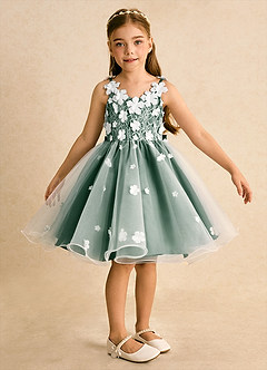 Azazie Junebug vestidos de niña de las flores Vestido de Marfil Verde Oscuro de Tul de Princesa con Encaje image6